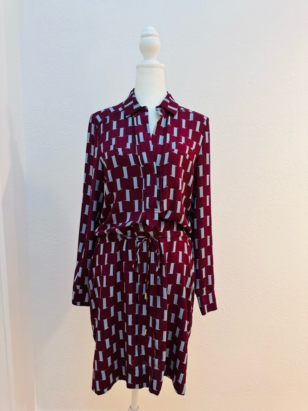 Diane Von Furstenberg Burgundy Geometric Long-Sleeve Shirt Dress